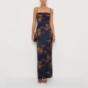 NEW Reformation Frankie Silk Maxi Navy Floral Dress Gown Lyric | US 6 UK 10